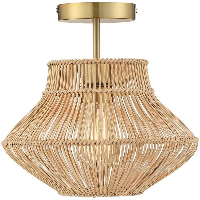 1-Light Bohemian Rattan Semi-Flush Mount Ceiling Light – D12″x H11.3″ – Brass/Wheat – 12 in. W  |   Semi-Flush Mount Ceiling Lights Ceiling Lighting Semi-Flush Mount Ceiling Lights