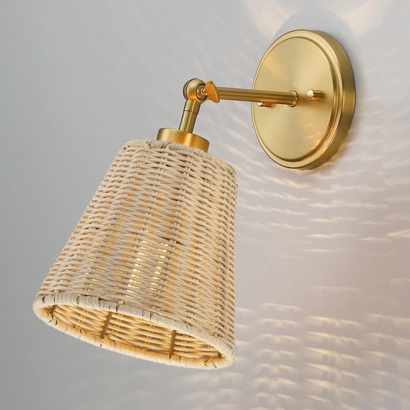 1-Light Boho Natural Rattan Hardwired Wall Sconce with Adjustable Swivel Swing Arm  |   Wall Sconces Wall Lighting Brass