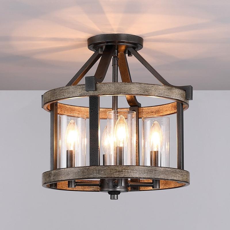 12.5 in. 4-Light Natural Iron and Distressed Faux Wood Modern Farmhouse Semi-Flush Mount Ceiling Light – 12.5″W  |   Semi-Flush Mount Ceiling Lights Ceiling Lighting Semi-Flush Mount Ceiling Lights