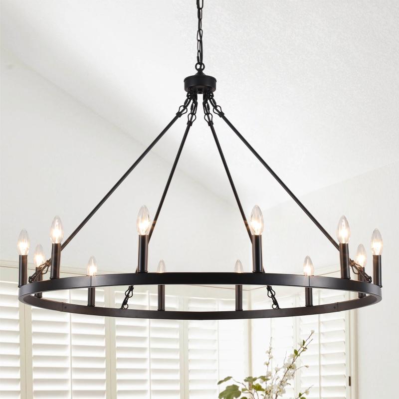 12-Light 37.99 in. Rustic Wagon Wheel Chandelier for Bedroom Kitchen  |   Chandeliers Ceiling Lighting Chandeliers