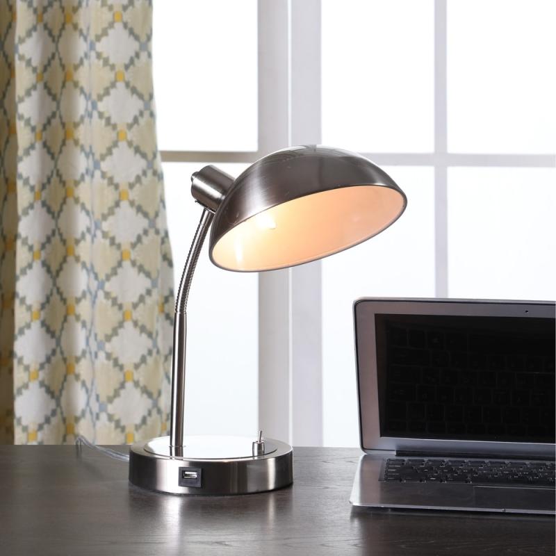 13.75 In. Leone Flexible Silver Metal Desk Lamp w/ USB Port  |   Desk Lamps Desk Lamps Desk Lamps