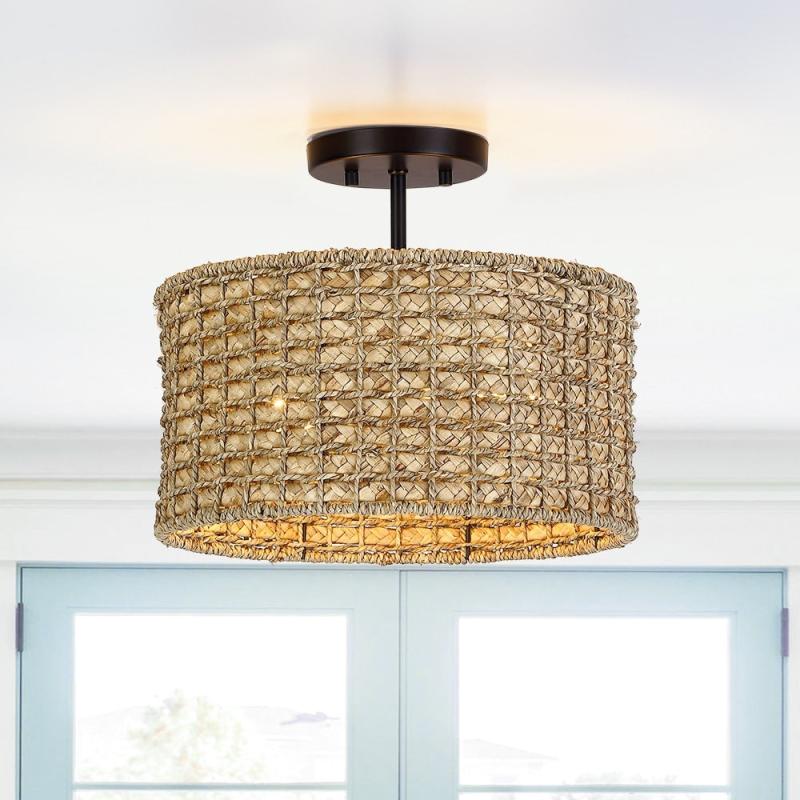 2-Light Natural Rattan Semi-Flush Mount Ceiling Light with Black Canopy – Black/earthy – 13.6 in. W  |   Semi-Flush Mount Ceiling Lights Ceiling Lighting Semi-Flush Mount Ceiling Lights