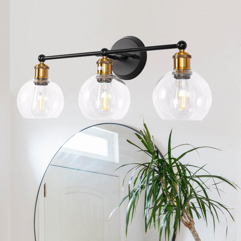 24.41 in. 3-Light Black and Bronze Modern Antique Farmhouse Industrial Bathroom Vanity Light with Globe Glass Shade  |   Wall Sconces Wall Lighting Black