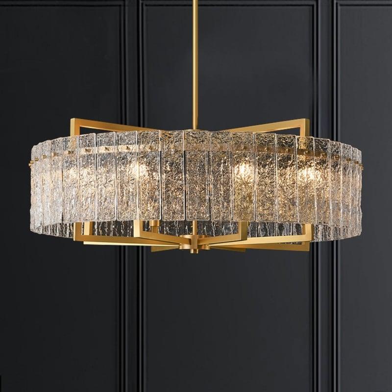 26 in. Gold Modern Drum Crystal Chandelier 6-Light Glam Dimmable Pendant Light Kitchen Island with Frosted Glass for Dining Room  |   Chandeliers Ceiling Lighting Chandeliers