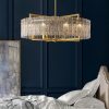 26 in. Gold Modern Drum Crystal Chandelier 6-Light Glam Dimmable Pendant Light Kitchen Island with Frosted Glass for Dining Room  |   Chandeliers Ceiling Lighting Chandeliers