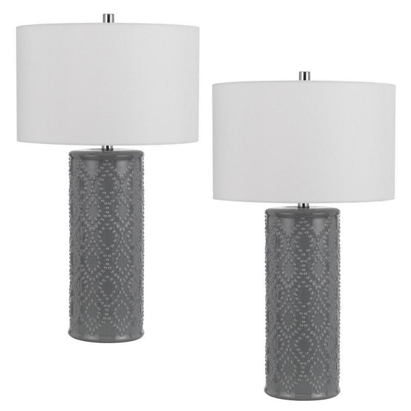 29 Inch Accent Table Lamp Set of 2, Tall Cylinder, Ball Finial Accent, Gray – 28.5 H x 16 W x 16 L Inches  |   Lamp Sets Lamp Sets Lamp Sets