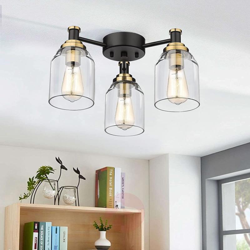 3-Light Semi Flush Mount Ceiling Light with Clear Glass Shade  |   Semi-Flush Mount Ceiling Lights Ceiling Lighting Black- Gold