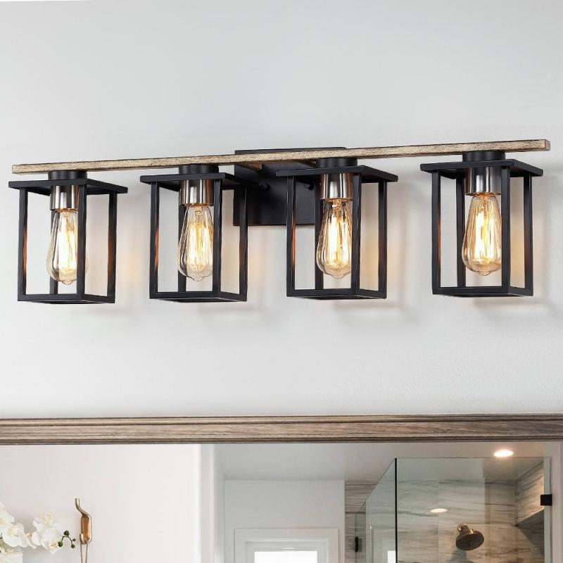 33 in. 4-Light Matt Black/Wood Tone Rustic Farmhouse Bathroom Vanity Light with Open Cage Shades  |   Bathroom Lighting Bathroom Lighting Bathroom Lighting