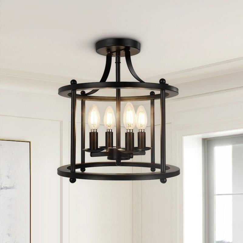 4-light Lantern Semi Flush Mount – 12″ Cage, Farmhouse Matte Black  |   Semi-Flush Mount Ceiling Lights Ceiling Lighting Semi-Flush Mount Ceiling Lights