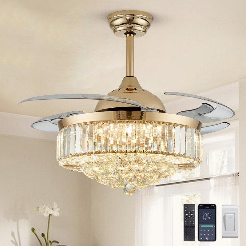 48 in. Indoor Modern Ceiling Fan with Light Gold Retractable Crystal Chandelier Fan with Remote for Kitchen Living Room  |   Ceiling Fans Ceiling Fans Ceiling Fans