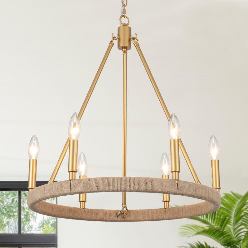 6-Light Rustic Hemp Rope Wagon Wheel Chandelier for Bedroom Foyer Entryway  |   Chandeliers Ceiling Lighting Chandeliers