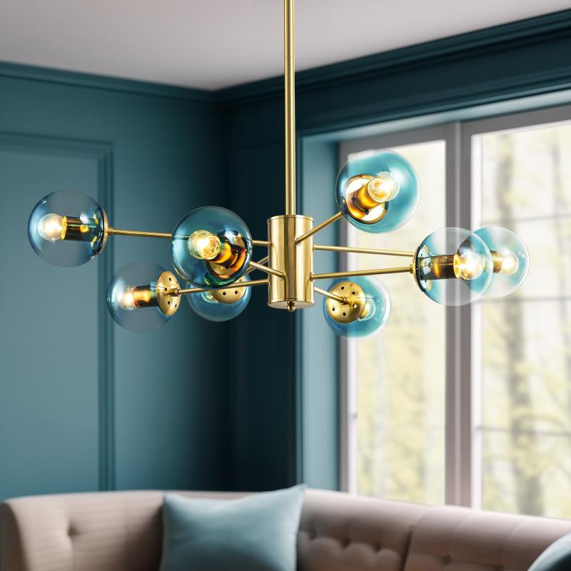 8-Light Modern 2-Tier Sputnik Linear Cluster Gradient Blue Clear Glass Globe Bubble Chandelier  |   Chandeliers Ceiling Lighting Blue Glass/Lake Blue Glass