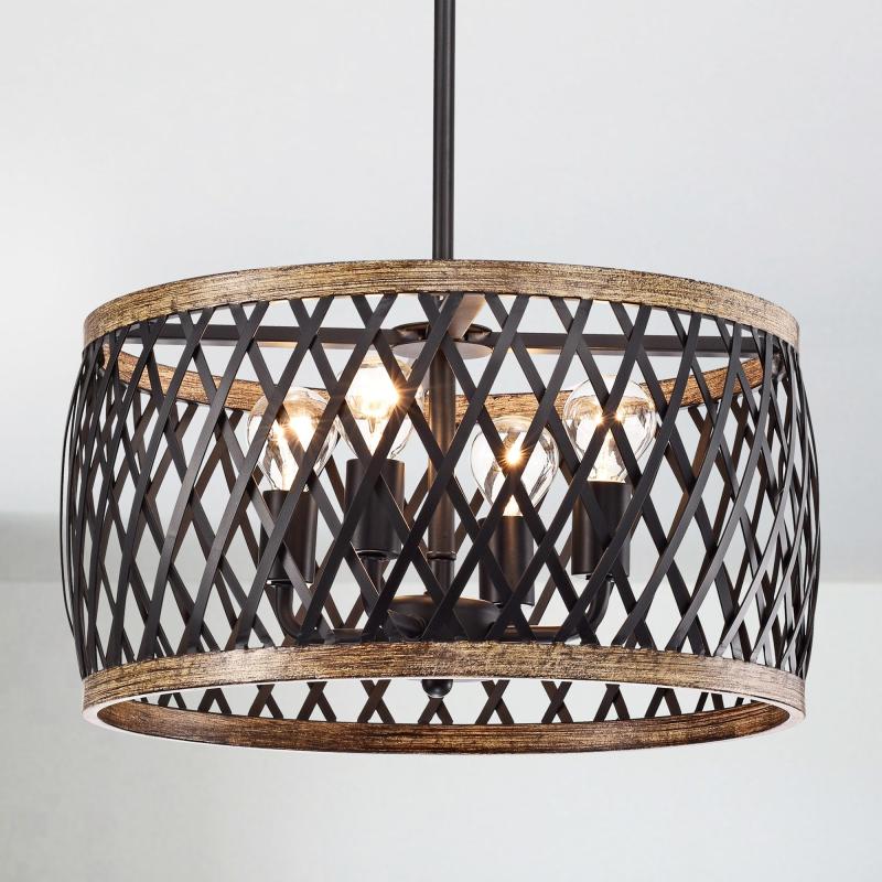 Agustin Matte Black 4-Light Metal Geometric Drum Shade Chandelier  |   Chandeliers Ceiling Lighting Chandeliers