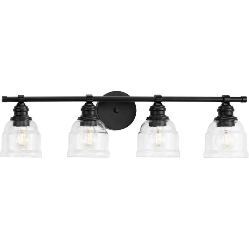 Ambrose Collection Four-Light Matte Black Clear Glass Vanity Light – 29 in x 6.5 in x 7.88 in  |   Bathroom Lighting Bathroom Lighting Bathroom Lighting