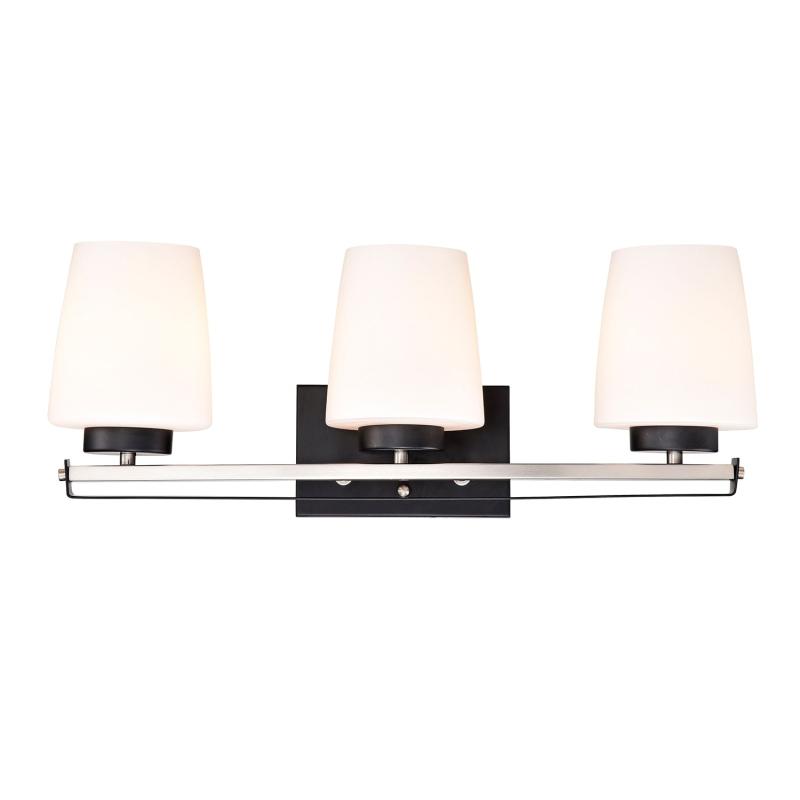 Black and Brushed Nickel 3-Light Vanity Light with Etched White Glass Shade  |   Bathroom Lighting Bathroom Lighting Bathroom Lighting