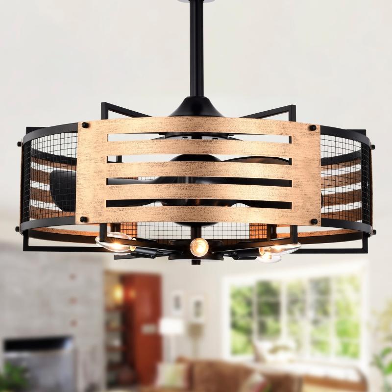 Brixton 26-in. Matte Black Metal and Wood-grain Lighted Fandelier w/ Remote  |   Ceiling Fans Ceiling Fans Ceiling Fans