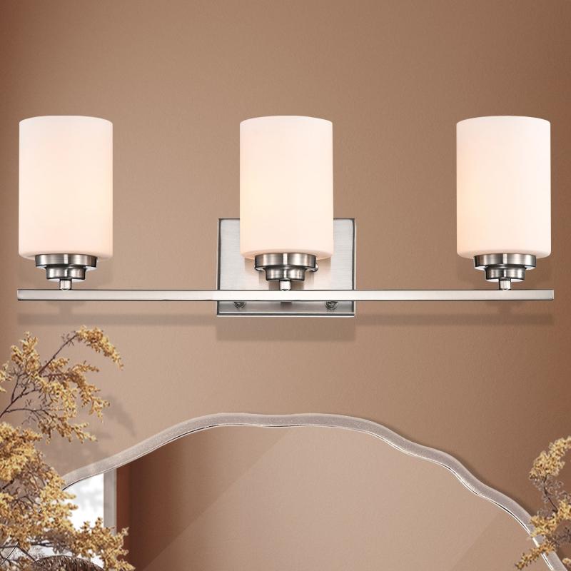 Brushed Nickel 3-Light Vanity Lights with White Etched Glass Shades  |   Bathroom Lighting Bathroom Lighting Bathroom Lighting