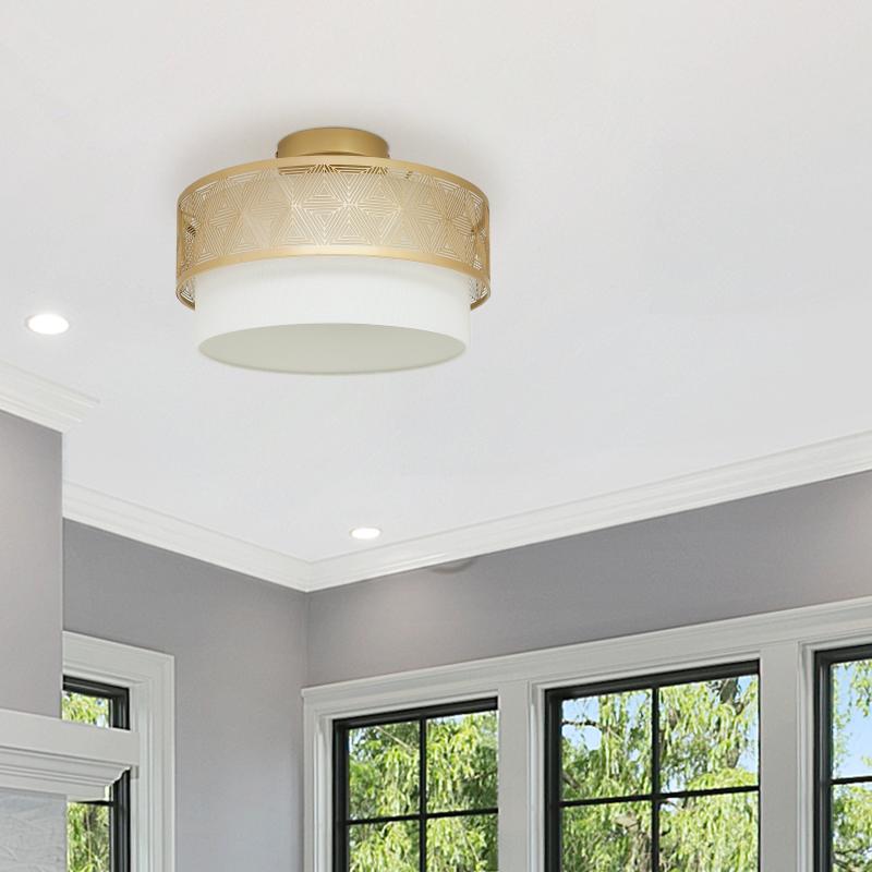 Celia Gold Metal and White Fabric Drum 13.125-Inch Ceiling Light – 13.125″ x 13.125″ x 8.75″  |   Semi-Flush Mount Ceiling Lights Ceiling Lighting Semi-Flush Mount Ceiling Lights