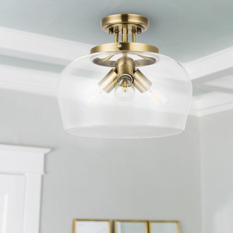 CO-Z Modern Antique Brass Triple Light Semi Flush Mount Ceiling Light with Glass Shade.  |   Semi-Flush Mount Ceiling Lights Ceiling Lighting Bronze