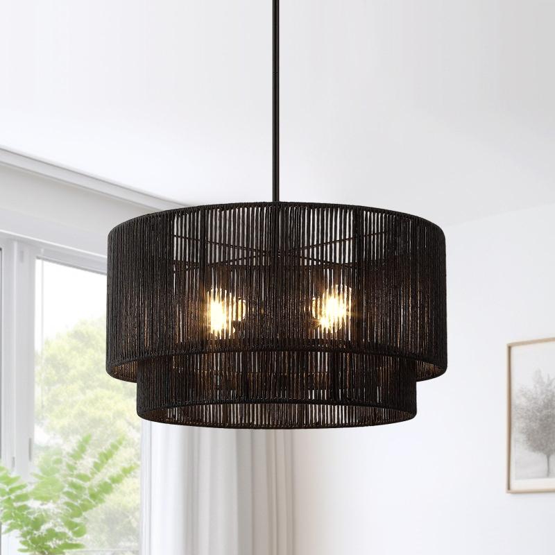 Cynthia 4-Light Black Rattan Drum Chandelier Light – 22”W  |   Chandeliers Ceiling Lighting Chandeliers