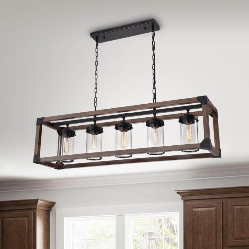 Daniela 5-light Antique Black Metal and Natural Wood Glass Chandelier  |   Chandeliers Ceiling Lighting Antique Black