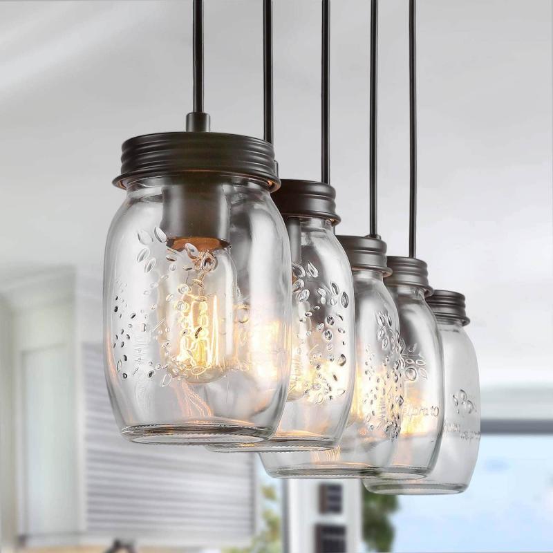 Farmhouse 5-Light Linear Glass Chandelier Wood Canopy Island Lights  |   Kitchen Lighting Kitchen Lighting Black-Brown/Brown