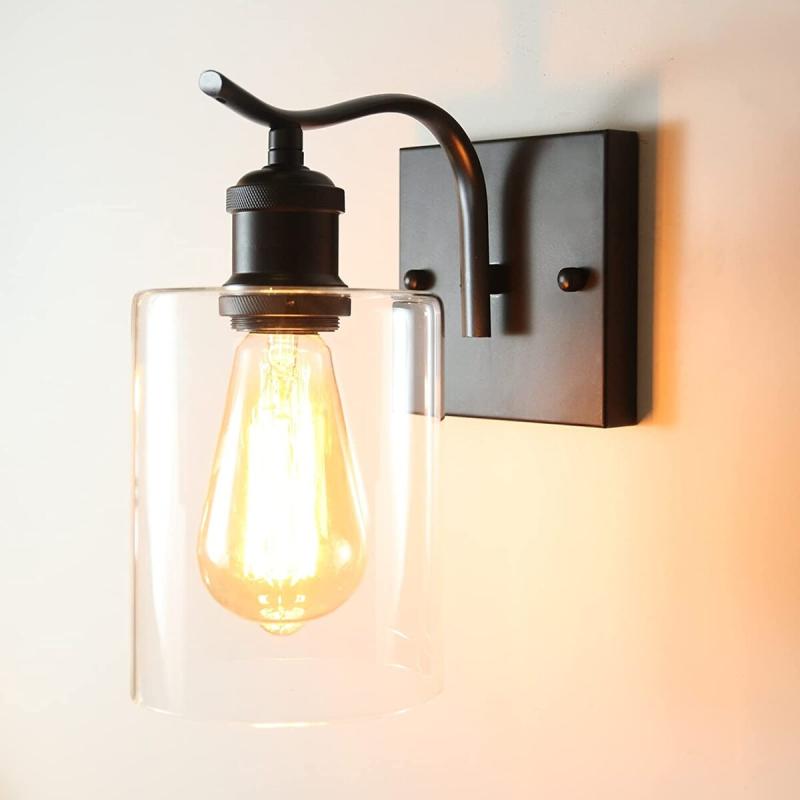 Farmhouse industrial wall light fixture black arm wall sconce with glass shade  |   Wall Sconces Wall Lighting Clear - Black