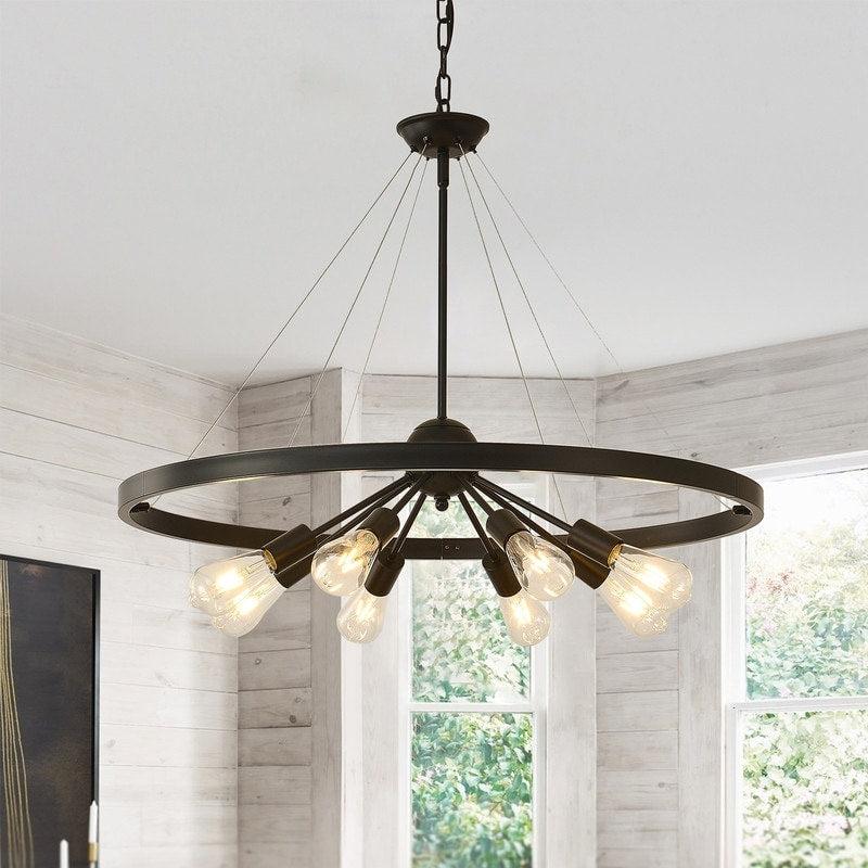 Farmhouse Round Black Wagon Wheel Chandelier for Dining Room Entryway  |   Chandeliers Ceiling Lighting Chandeliers