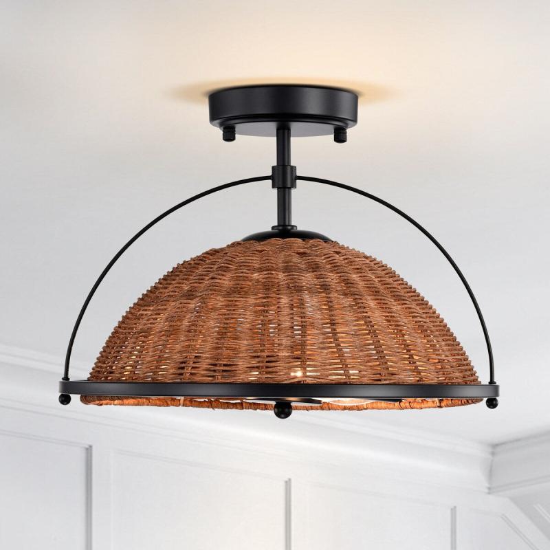 Handmade Boho Woven Rattan Half Round Semi Flush Ceiling Light 3-Light  |   Semi-Flush Mount Ceiling Lights Ceiling Lighting Brown