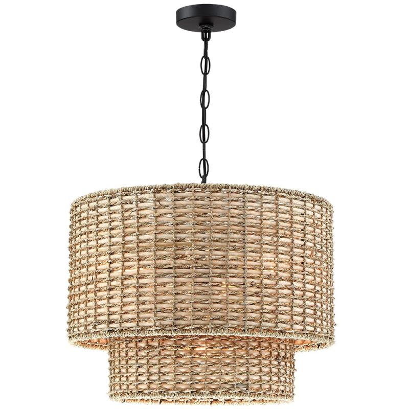 Lennie 20 in. 4-Light Rattan Tiered Drum Chandelier Light with Black Canopy – 20 in. W – 20 in. W  |   Chandeliers Ceiling Lighting Chandeliers