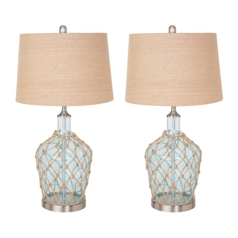 Lighting 28″ Light Blue Semi-Clear Coastal Glass Jug Table Lamp with Rope (Set of 2) 3-Way Switch  |   Lamp Sets Lamp Sets Blue