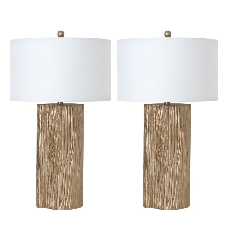 Lighting Gold Wood Texture Coastal Table Lamps, USB Charging Port (Set of 2) 3-Way Switch  |   Lamp Sets Lamp Sets Gold