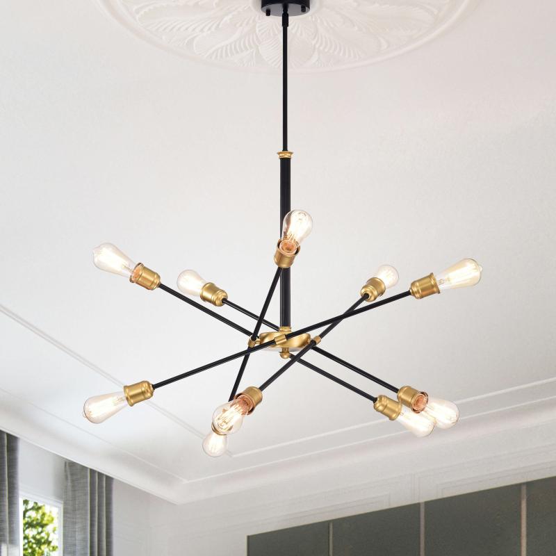 Lorena Modern 10-light Sputnik Black and Gold Linear Chandelier  |   Chandeliers Ceiling Lighting Black And Gold