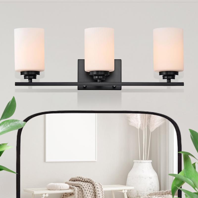 Matte Black 3-Light Vanity with Etched White Glass Shades  |   Bathroom Lighting Bathroom Lighting Bathroom Lighting