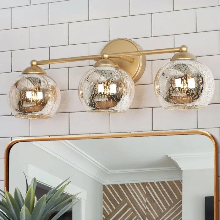 Mid-Century Modern Glam Gold Bathroom Vanity Light 3-Light Wall Lamp with Mercury Glass – 21″ L x 7″ W x 8″ H  |   Bathroom Lighting Bathroom Lighting Bathroom Lighting