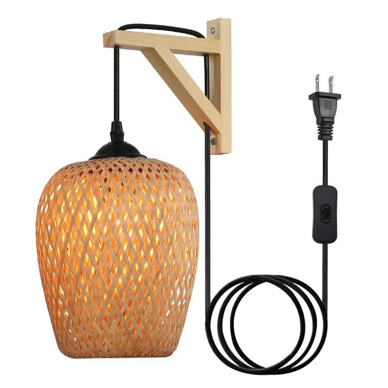 Modern Bamboo Plug in Wall Light Fixture with Switch – Farmhouse Hand Woven Rattan Drop-Shaped Wicker lampshade for Living Room  |   Wall Sconces Wall Lighting Wall Sconces