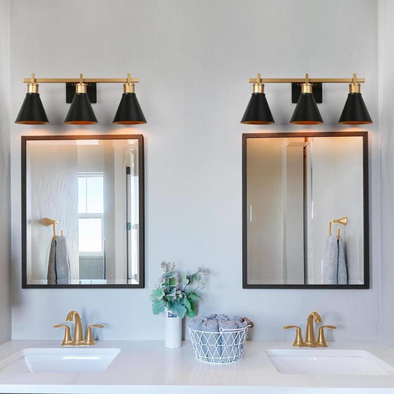 Modern Farmhouse 3-Light Black Gold Bathroom Vanity Lights Metal Wall Sconces – 21.5″ L x 7.5″ W x 10″ H  |   Bathroom Lighting Bathroom Lighting Bathroom Lighting