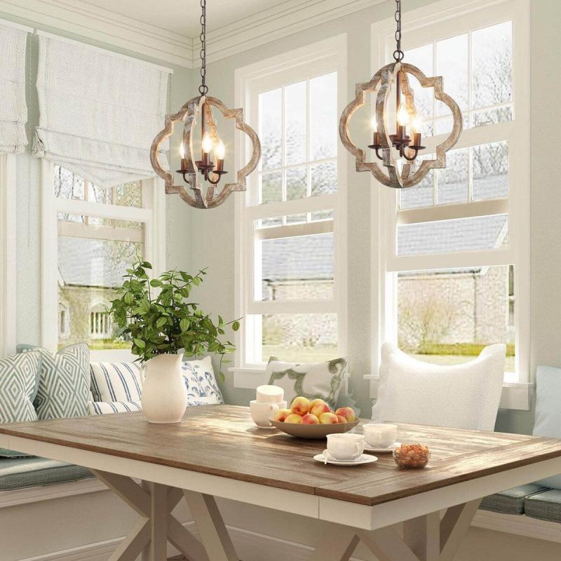 Modern Farmhouse 3-Light Wood Lantern Rustic Chandelier for Kitchen Island  |   Chandeliers Ceiling Lighting Chandeliers