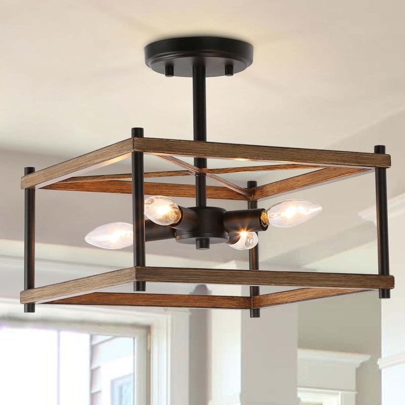 Modern Farmhouse 4-Light Semi-flush Mount Foyer Cage Ceiling Lights – L12.5″x W12.5″x H12″  |   Semi-Flush Mount Ceiling Lights Ceiling Lighting Semi-Flush Mount Ceiling Lights