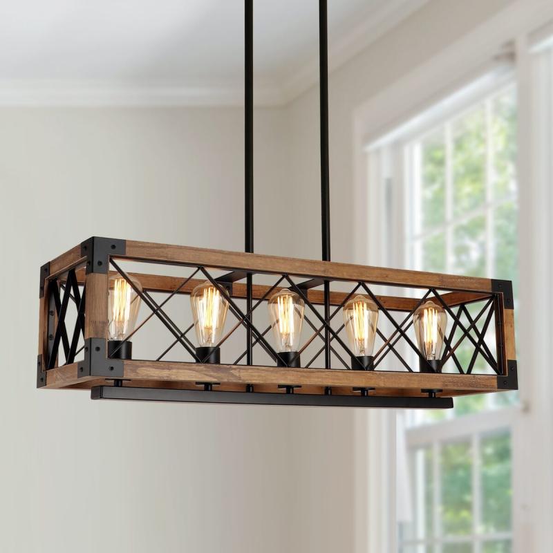 Modern Farmhouse 5-Light Wood Rectangle Chandelier Cage Island Lights for Dining Room – 31.6″L x 10″ W x 7.8″ H  |   Chandeliers Ceiling Lighting Chandeliers