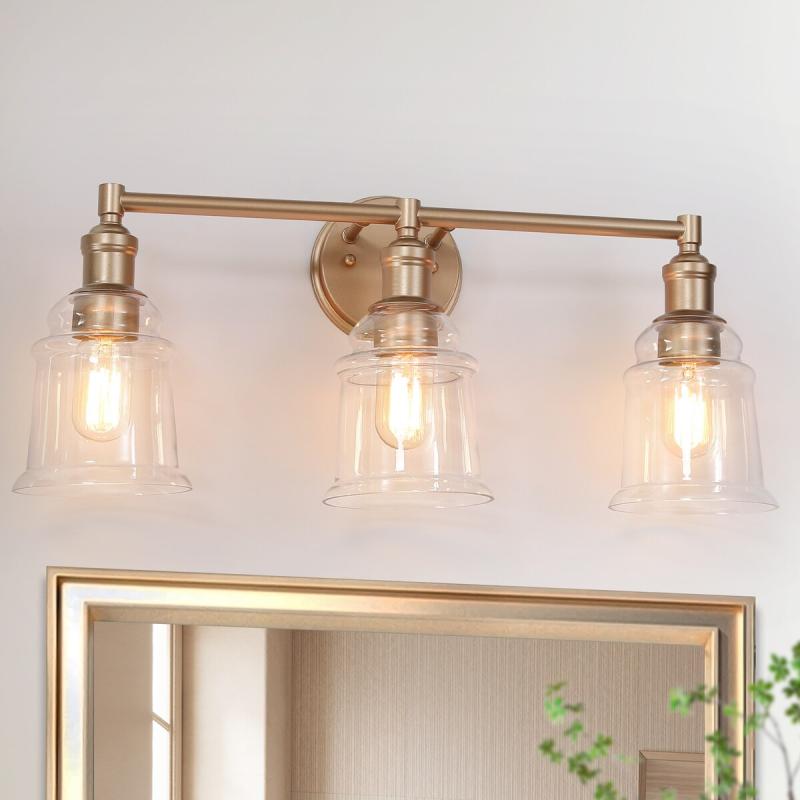 Modern Farmhouse Matte Gold 3-Light Dome Glass Bathroom Vanity Lights Dimmable – L23″x W 6.5″x H 10.5″  |   Bathroom Lighting Bathroom Lighting Bathroom Lighting