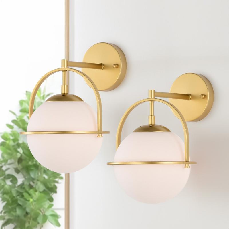 Modern Gold Wall Sconces with White Globe Glass for Bedroom 2 Pack  |   Wall Sconces Wall Lighting Gold