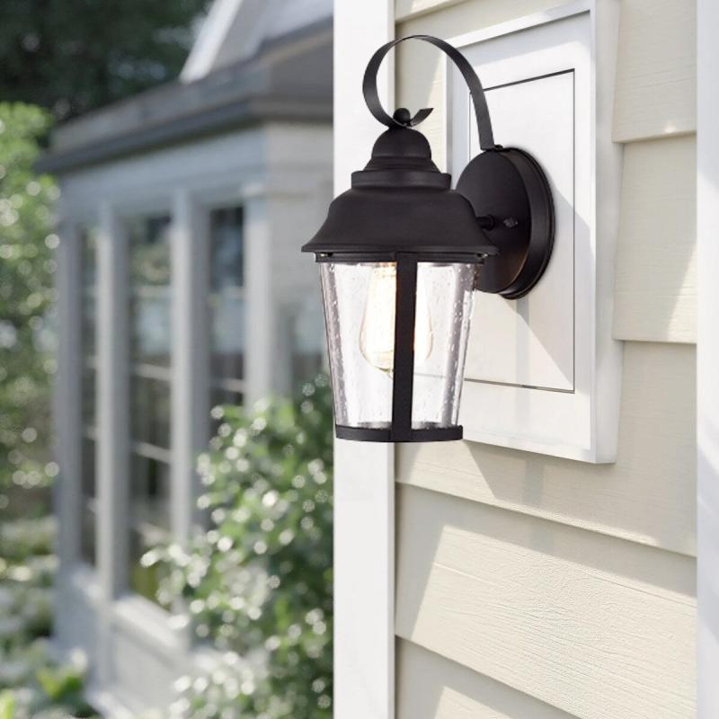 Outdoor Wall Light 1-Bulb 12.5″ H with Seeded Glass (Set of 2) – 13*6*8  |   Outdoor Wall Lighting Outdoor Wall Lighting Black