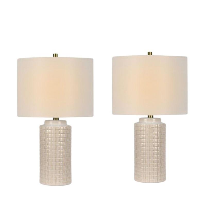 Pair of 23″ Basket Weave Cylinder Table lamp and Decorator Shade  |   Lamp Sets Lamp Sets Distressed White Glaze