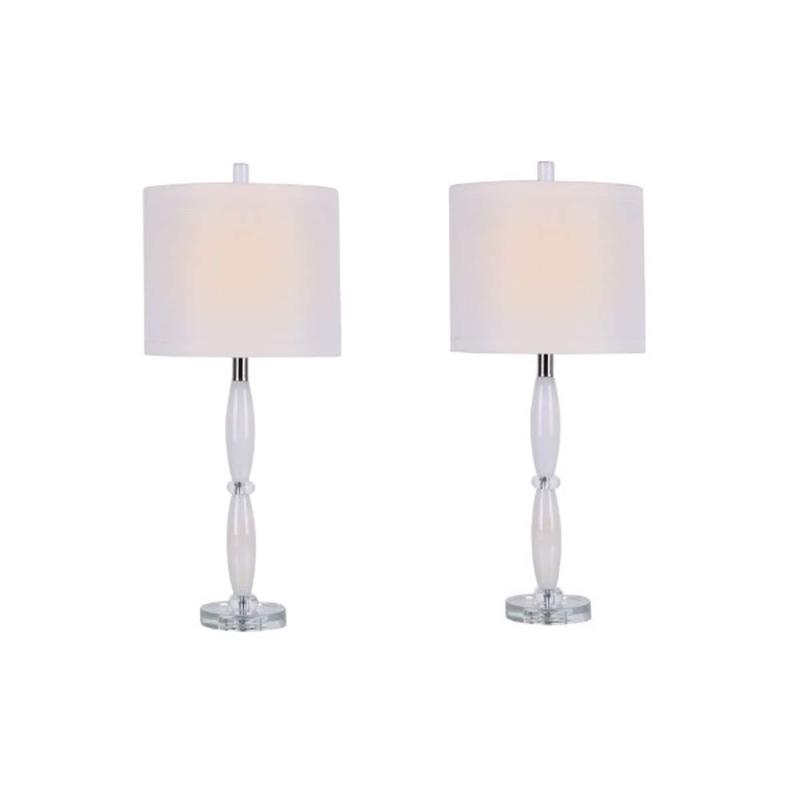 Pair of 27″ Marble Stacked Taper Table Lamp w/Crystal Base and Decorator Shade  |   Lamp Sets Lamp Sets Clear & White