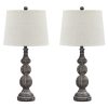 Polyresin Table Lamp with Turned Base, Set of 2, Brown and Off White – 29.25 H x 14 W x 14 L Inches  |   Lamp Sets Lamp Sets Lamp Sets