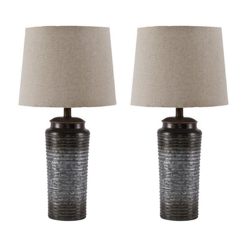 Ribbed Design Metal Body Table Lamp with Tapered Fabric Shade,Set of 2,Gray – 25.25 H x 13.13 W x 13.13 L Inches  |   Desk Lamps Desk Lamps Brown