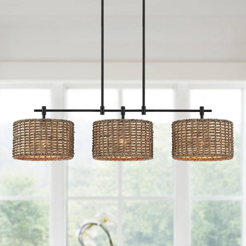 Sedgy 3-Light Black Farmhouse Rattan Island Light Linear Chandelier – 41″W  |   Chandeliers Ceiling Lighting Chandeliers