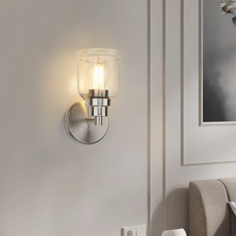 Single Wall Sconce Stainless Steel Base Frame Clear Glass Shade – 5.5” x 4.7” x 9” (L x W x H)  |   Flush Mount Wall Lights Flush Mount Wall Lights Flush Mount Wall Lights