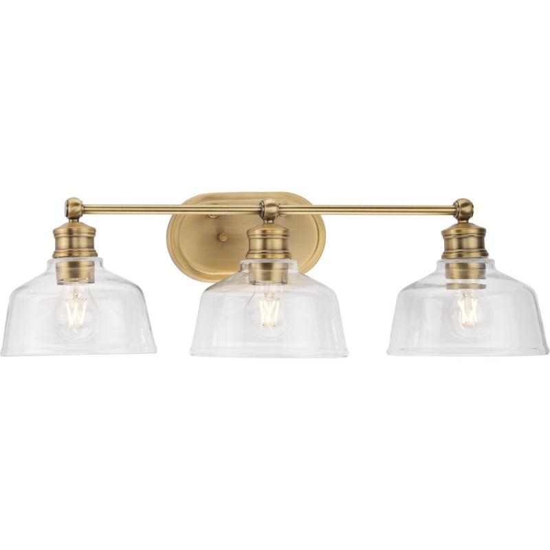 Singleton Collection 3-Light 26.5 in. Vintage Brass Vanity Light with Clear Glass Shades – Small  |   Flush Mount Wall Lights Flush Mount Wall Lights Flush Mount Wall Lights